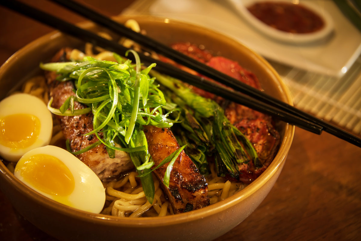 Pork Belly Noodle Bowl - Ramen Noodles, Smoked Tomatoes, Soft Boiled Egg, Shoyu Broth